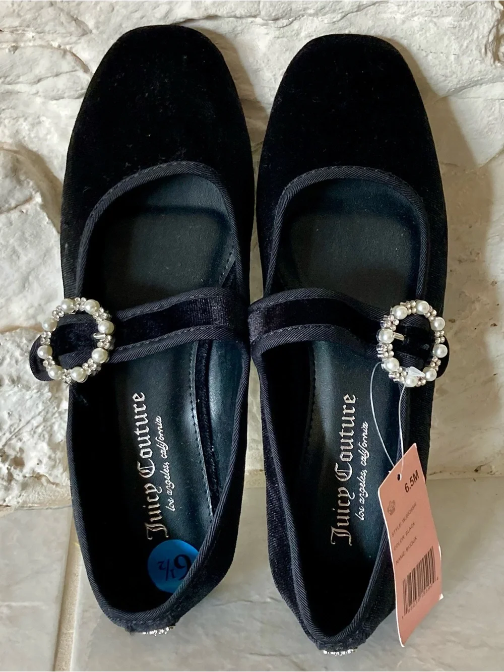 NWT Juicy Couture Black Velvet Mary Jane Flats with Pearl-Embellished Buckle